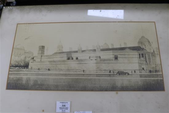 An Architectural street scene, studio picture, dated 1942, 23 x 48cm (a.f.)